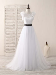 White A-Line Lace Tulle Long Prom Dresses, White Evening Dresses