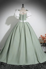 White and Green Floor Length Prom Dresses, Lovely A-Line Short Sleeve Evening Party Dresses