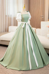 White and Green Long Prom Dresses, Lovely A-Line Short Sleeve Evening Party Dresses