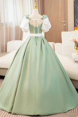 White and Green Long Prom Dresses, Lovely A-Line Short Sleeve Evening Party Dresses