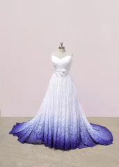 White and Purple Sweetheart Lace Prom Dresses, Ombre Prom Dresses with Flowers