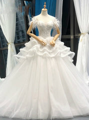 White Ball Gown Corset Tulle Off The Shoulder Wedding Dresses With Feather