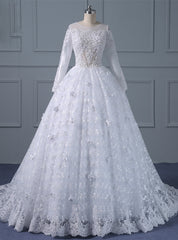 White Ball Gown Long Sleeve Lace Appliques With Beading Wedding Dress