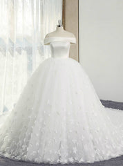 White Ball Gown Off The Shoulder Appliques With Long Train Wedding Dresses