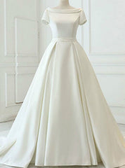 White Ball Gown Satin Cap Sleeve Backless Wedding Dresses