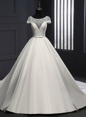 White Ball Gown Satin Cap Sleeve With Beading Wedding Dresses