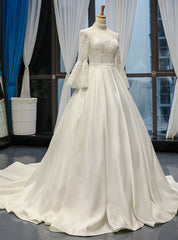 White Ball Gown Satin High Neck Puff Sleeve Wedding Dresses With Beading