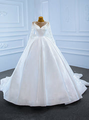 White Ball Gown Satin Long Sleeve Beaidng Wedding Dresses With Bow