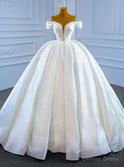 White Ball Gown Satin Pleats Pearls Wedding Dress