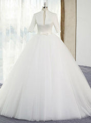 White Ball Gown Satin Tulle High Neck Short Sleeve Wedding Dresses With Bow