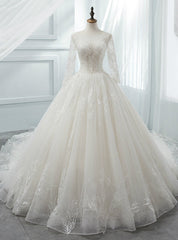 White Ball Gown Scoop Long Sleeve Tulle Wedding Dresses With Beading