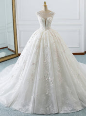 White Ball Gown Tulle Appliques Backless Cap Sleeve Wedding Dresses