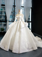 White Ball Gown Tulle Appliques Long Sleeve Backless Wedding Dresses