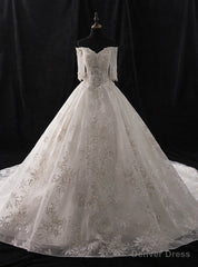 White Ball Gown Tulle Appliques Short Sleeve With Beading Wedding Dress