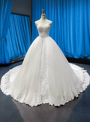 White Ball Gown Tulle Appliques Sweetheart Wedding Dress With Beading