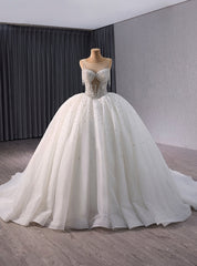 White Ball Gown Tulle Beading Luxury Wedding Dresses