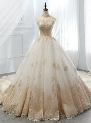 White Ball Gown Tulle Gold Lace Appliques High Neck Wedding Dresses