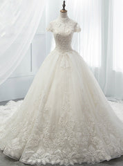 White Ball Gown Tulle Lace High Neck Cap Sleeve Wedding Dresses