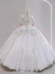 White Ball Gown Tulle Long Sleeve Appliques Backless Wedding Dresses