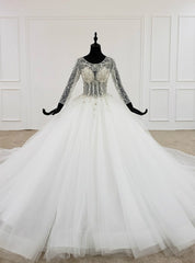 White Ball Gown Tulle Long Sleeve Backless Beading Crystal Wedding Dresses