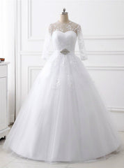 White Ball Gown Tulle Long Sleeve Backless Wedding Dresses With Belt