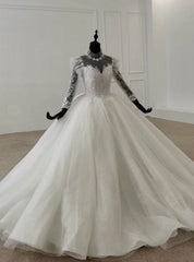 White Ball Gown Tulle Long Sleeve Beading Floor Length Wedding Dresses