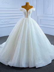 White Ball Gown Tulle Pearls Crystal Wedding Dresses