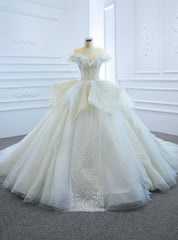 White Ball Gown Tulle Sequins Appliques Off the Shoulder Wedding Dresses