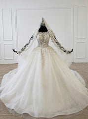 White Ball Gown Tulle Sequins Cap Sleeve Appliques Beading Wedding Dresses