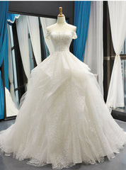 White Ball Gown Tulle Sequins Off the Shoulder Luxury Wedding Dresses With Beading