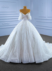 White Ball Gown Tulle Sequins Pearls Wedding Dresses