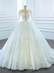 White Ball Gown Tulle Seuqins Long Sleeve Wedding Dresses