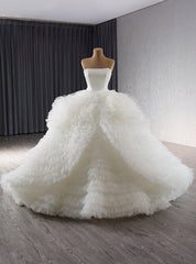 White Ball Gown Tulle Strapless Tiers Wedding Dresses