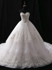 White Ball Gown Tulle Sweetheart Train With Crystal Wedding Dresses