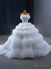 White Ball Gown Tulle Tiers Sequins Wedding Dress