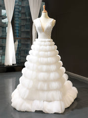 White Ball Gown V-neck Backless Tulle Beading Sequins Floor Length Wedding Dresses