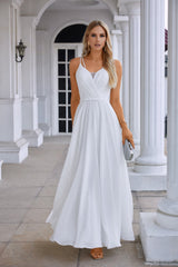 White Chiffon Prom Dresses Surplice Neck A-Line Long Evening Dresses with Spaghetti Straps