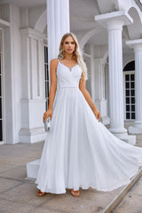 White Chiffon Prom Dresses Surplice Neck A-Line Long Evening Dresses with Spaghetti Straps