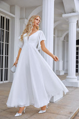 White Chiffon Prom Dresses V-Neck Chiffon A-Line Sequin Floor Length Long Dresses with Flared Sleeves