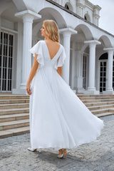 Witte chiffon prom-jurken V-hals chiffon a-line pailletten vloer lengte lange jurk met wijd uitlopende mouwen