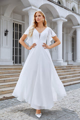 White Chiffon Prom Dresses V-Neck Chiffon A-Line Sequin Floor Length Long Dresses with Flared Sleeves