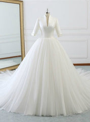 White Deep V-neck High Neck Short Sleeve Wedding Dresses