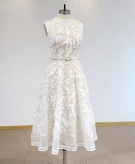 White High Neck Tulle Lace Prom Dresses, Lace Formal Party Dresses