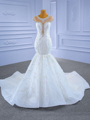 White Illusion Mermaid Tulle Cap Sleeve Beading Wedding Dresses