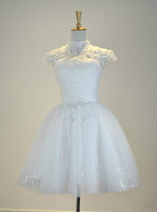 White Knee Length Cap Sleeve Tulle Short Wedding Dresses