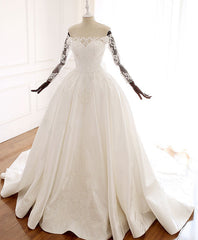 White Lace Satin Long Wedding Dresses, Lace Satin Long Bridal Gown