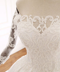 White Lace Satin Long Wedding Dresses, Lace Satin Long Bridal Gown