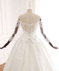 White Lace Satin Long Wedding Dresses, Lace Satin Long Bridal Gown