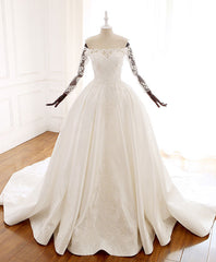 White Lace Satin Long Wedding Dresses, Lace Satin Long Bridal Gown