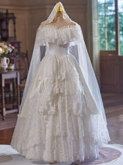 White Lace Tiers Off the Shoulder Wedding Dress